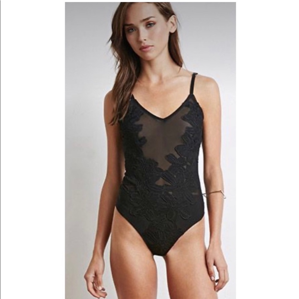 NWT Black Mesh Bodysuit with Floral Applique